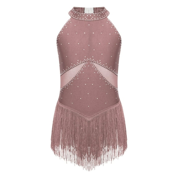 CHICTRY Kids Girls Shiny Rhinestone Tassel Latin Dance Dress Halter Ice Skating Leotard Dresses Modern Jazz Lyrical Dancewear Dusty Pink 6