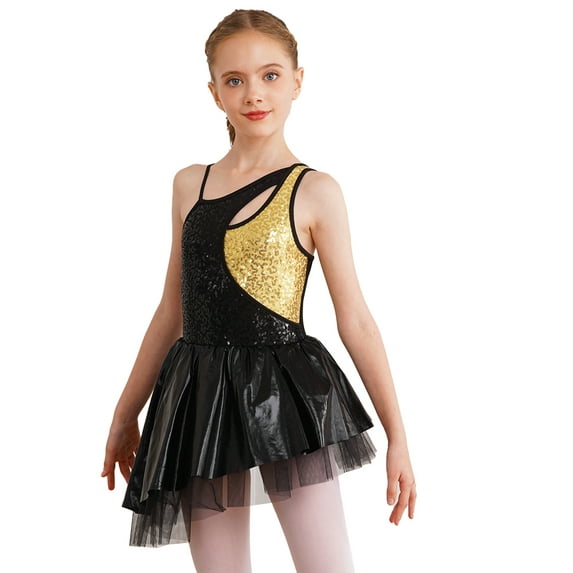 CHICTRY Kids Girls Shiny Sequin Ballet Jazz Dance Dress Asymmetrical Metallic Tulle Skirt Leotard Dress Black 10