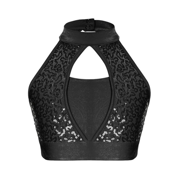 CHICTRY Kids Girls Shiny Sequins Crop Top Sleeveless Gymnastics Dance Training Vest Black 14