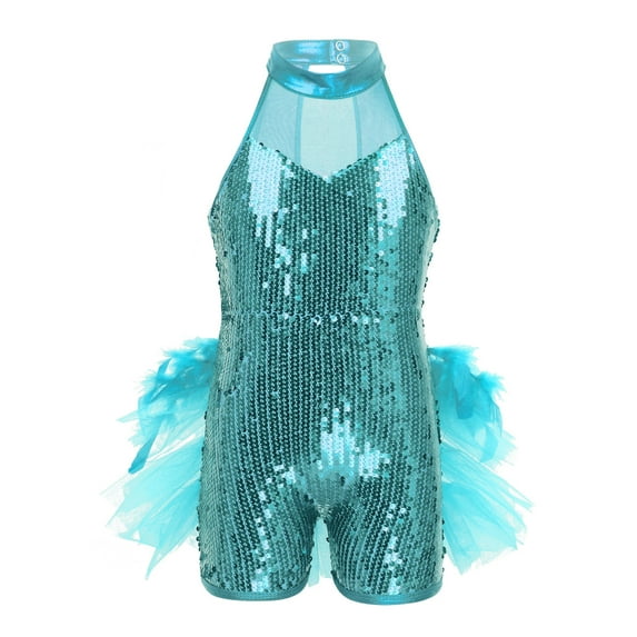 CHICTRY Kids Girls Shiny Sequins Latin Dance Jumpsuit Tiered Mesh Ruffles Jazz Dancewear Light Blue 12