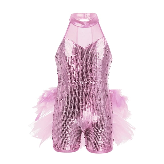 CHICTRY Kids Girls Shiny Sequins Latin Dance Jumpsuit Tiered Mesh Ruffles Jazz Dancewear Pink 10