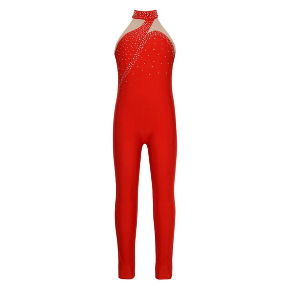 CHICTRY Kids Girls Sleeveless Figure Skating Bodysuit Gymnastics Ballet Yoga Leotard Mesh Rhinestone Patchwork Jumpsuit Red 16