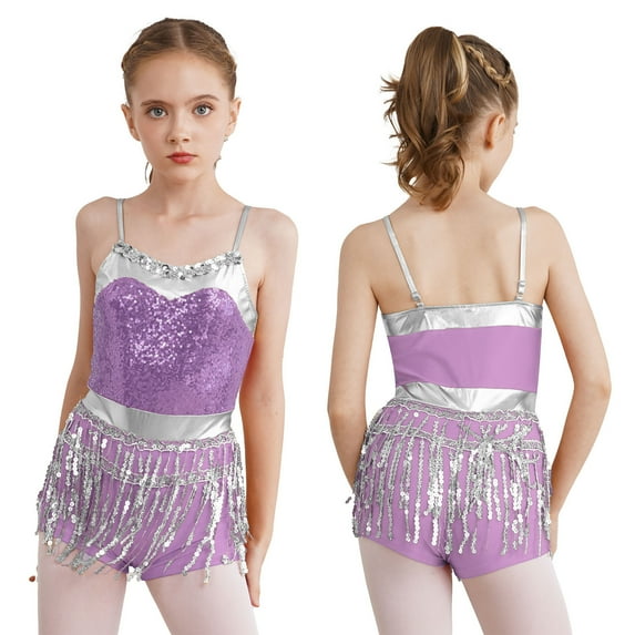CHICTRY Kids Girls Sparkling Sequins Tassels Modern Dance Leotard Adjustable Straps Latin Jazz Dance Competition Jumpsuit A Lavender 6