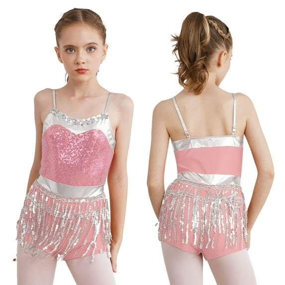 CHICTRY Kids Girls Sparkling Sequins Tassels Modern Dance Leotard Adjustable Straps Latin Jazz Dance Competition Jumpsuit Pink 8