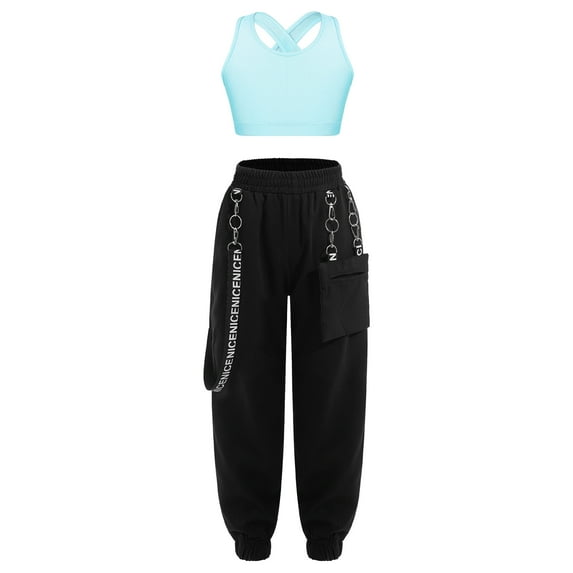 CHICTRY Kids Girls Street Dance Outfit Sleeveless Criss Cross Back Crop Top with Chain Pocket Pants Hip-Hop Dancewear Light Blue 12