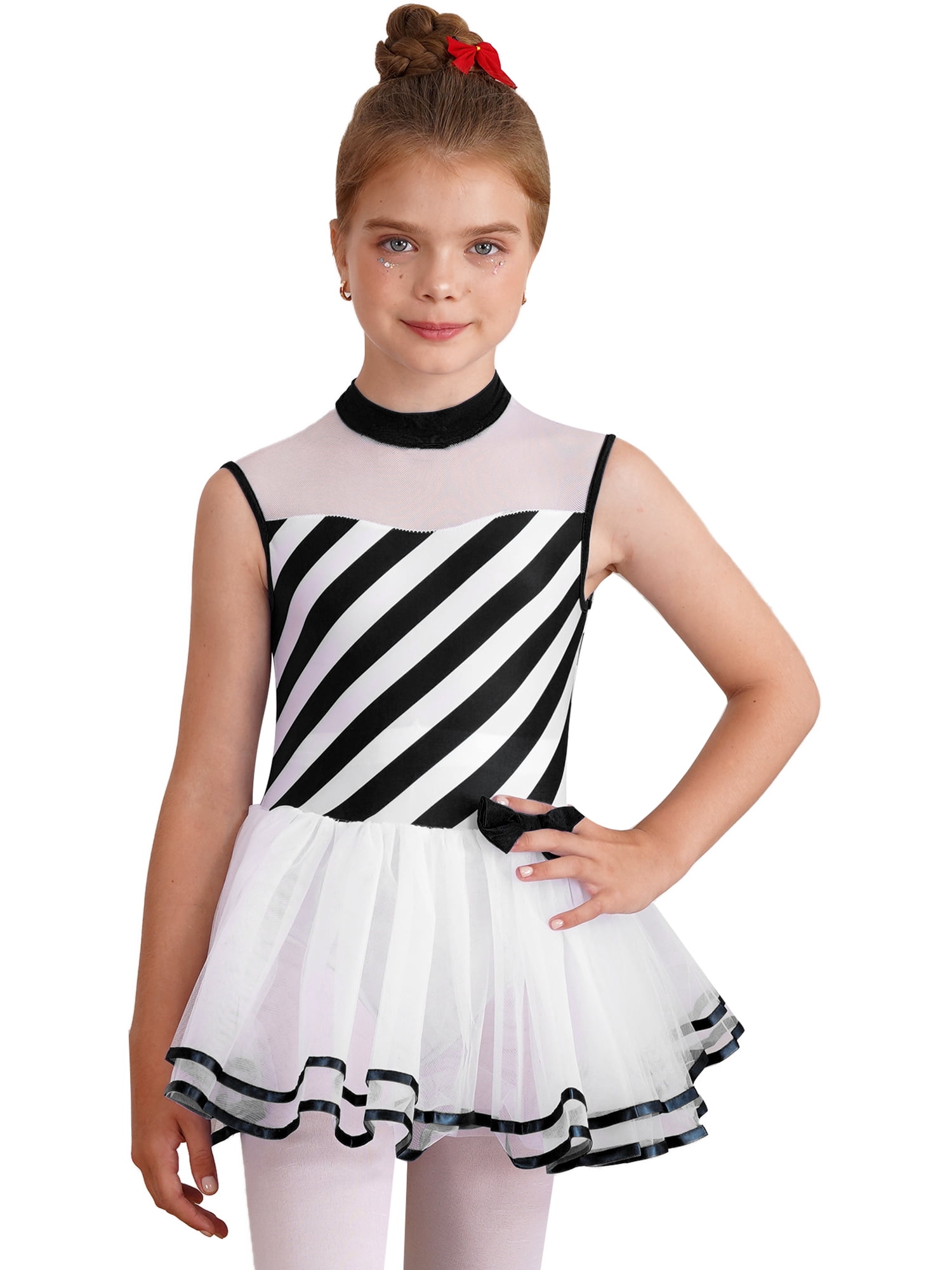 CHICTRY Kids Girls Striped Candy Cane Leotard Dress Tiered Tulle Skirt