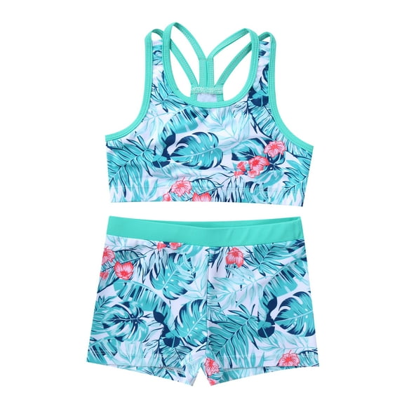 CHICTRY Kids Girls Swimsuit 2 Pieces Sports Crop Top with Booty Shorts Set Athletic Swimwear Turquoise 10