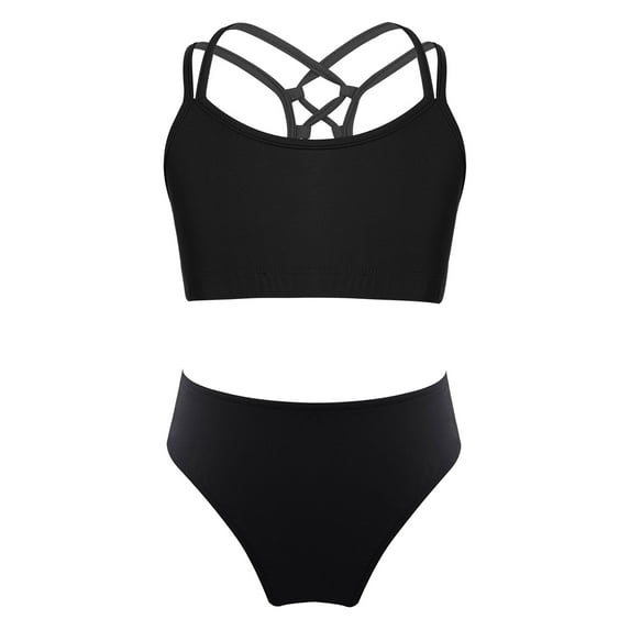 CHICTRY Kids Girls Tankini Set Sleeveless Strappy Back Crop Top with Briefs Swimsuit Sunsuit Black 4