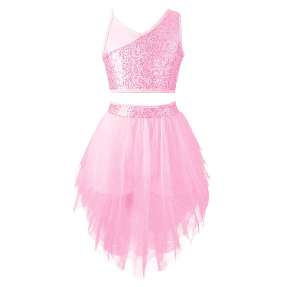 CHICTRY Kids Girls Tutu Dancewear Shiny Sequins Crop Top with Skirt Dance Outfit Pink 6