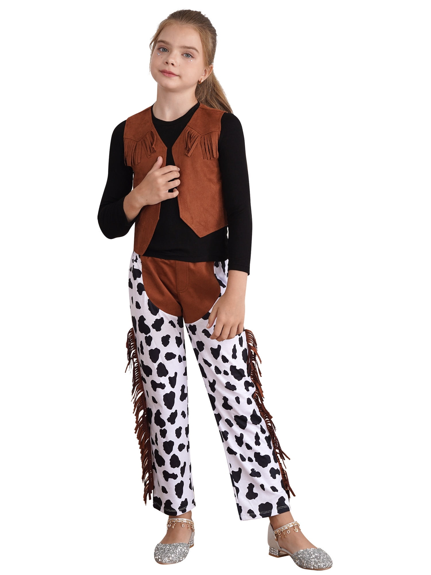 BOOMNY Boys Girls Western Cowboy Cow Girl Outfits Open Front Fringe Vest Party Dress Up Tassel Waist Coat Tops Carnival Performance Shirts