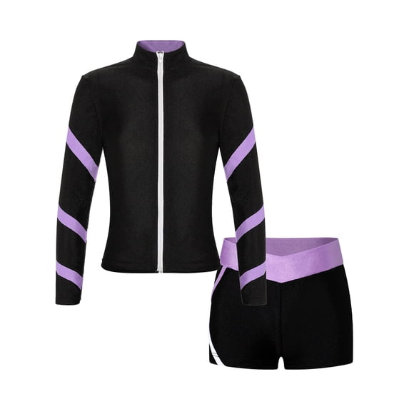 CHICTRY Kids Girls Zippered Sports Gym Suit Long Sleeve Shiny Rhinestone Snowflake Sweatshirt with Shorts Tracksuit Light Purple 12