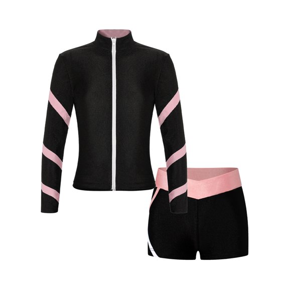 CHICTRY Kids Girls Zippered Sports Gym Suit Long Sleeve Shiny Rhinestone Snowflake Sweatshirt with Shorts Tracksuit Pink 14