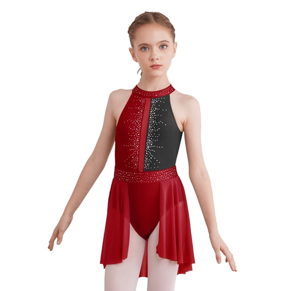 CHICTRY Kids Lyrical Dance Dress Girls Sleeveless Rhinestone Latin Jazz Gymnastics Leotard Costume Burgundy 10