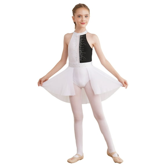 CHICTRY Kids Lyrical Dance Dress Girls Sleeveless Rhinestone Latin Jazz Gymnastics Leotard Costume White&Black 10