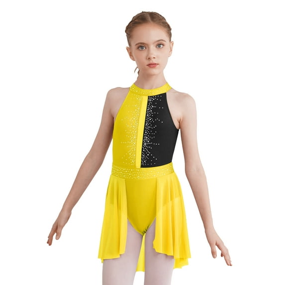 CHICTRY Kids Lyrical Dance Dress Girls Sleeveless Rhinestone Latin Jazz Gymnastics Leotard Costume Yellow&Black 14