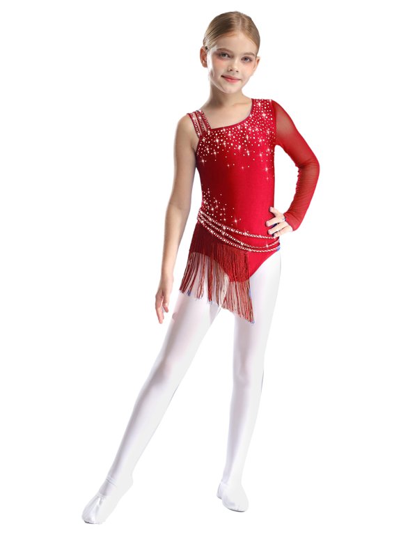 Kids Shiny Rhinestone Tassel Gymnastics Dance Leotards for Latin Cha-Cha Figure Skating Dancewear Burgundy 16
