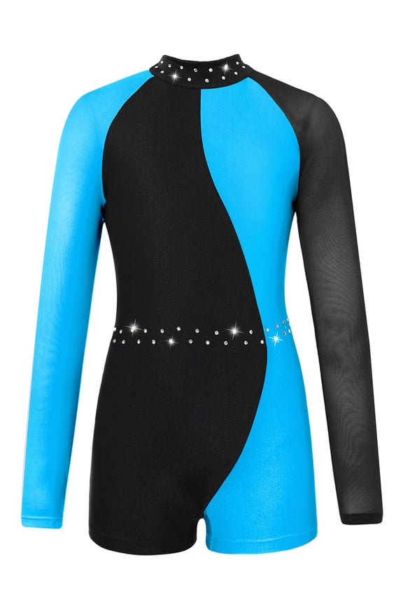 Leotard for Girls Gymnastics Kids Long Mesh Sleeve Zipper Back Biketard Jumpsuit