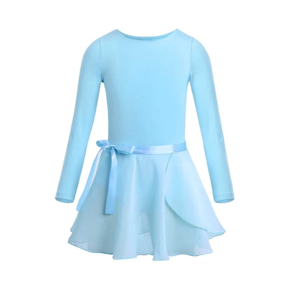 CHICTRY Little Girls Basic Ballet Dance Costume Long Sleeve Leotard with Wrap Skirt Sky Blue 2-3