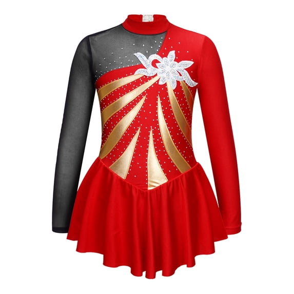 CHICTRY Little Girls Sequined Roller Figure Ice Skating Dress Long Sleeve Skirted Leotard Dancewear Red 14