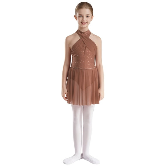 CHICTRY Lyrical Dance Dress for Girls Halter Rhinestone Tank Leotard Tulle Skirts Ballet Dancewear Dusty Pink 10