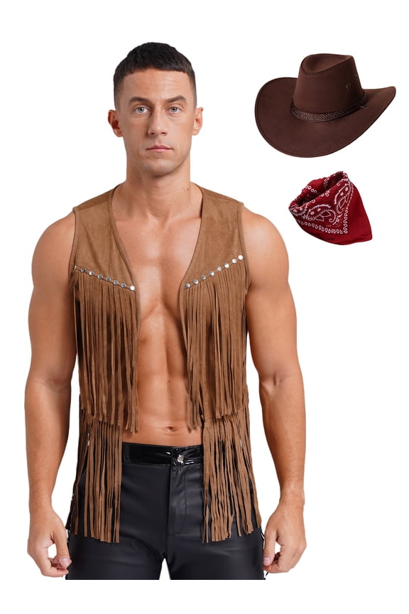 Men Western Cowboys 3 Pcs Outfit Tassel Waistcoat Wild Hat with Bandanna Brown M