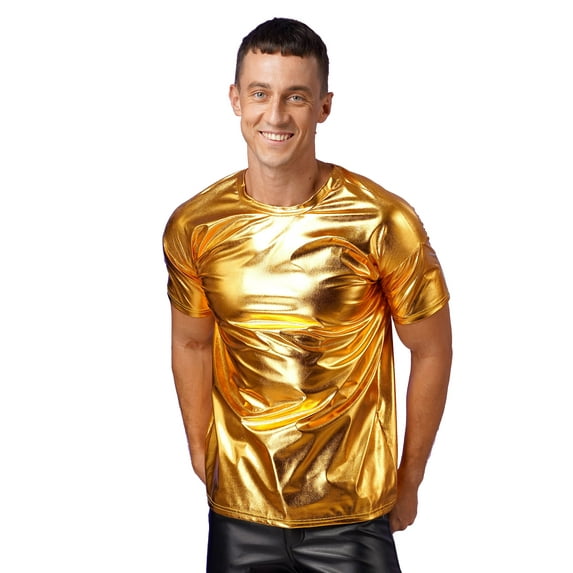 CHICTRY Men's Metallic Short Sleeve T Shirts Modern Jazz Hiphop Disco Ballroom Tank Top Club Dancewear Gold S