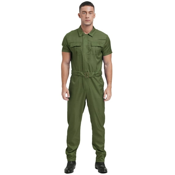 CHICTRY Men's Solid Color Work Overalls One Piece Mechanic Jumpsuits Lightwear Uniform Army Green 3XL