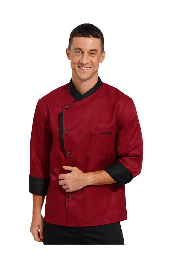 Mens Chef Uniform Jacket Long Sleeve Hotel Kitchen Cook Uniform Coat Burgundy L