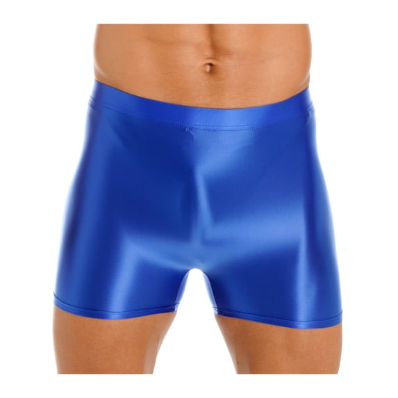 CHICTRY Mens Glossy Short Leggings Solid Color Shorts for Swimming Fitness Jogging Blue L