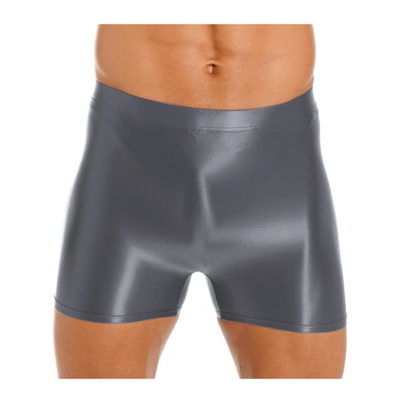 CHICTRY Mens Glossy Short Leggings Solid Color Shorts for Swimming Fitness Jogging Grey L