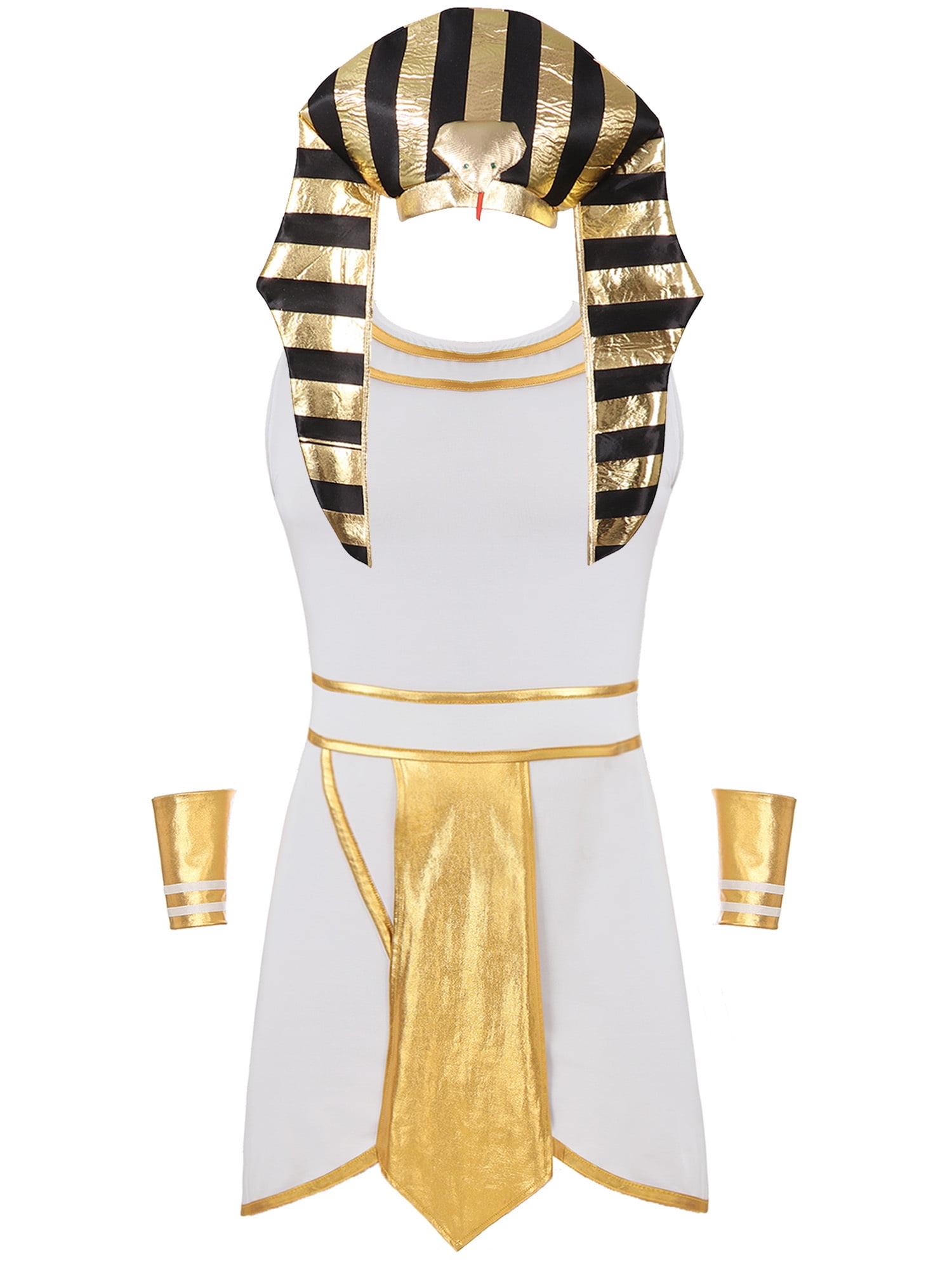 CHICTRY Mens Halloween Egyptian Costume Pharaoh Ancient Egypt King Outfit  Contrast Color Mini Dress with Cuffs Set White-A XXL