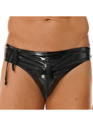 IEFIEL Womens Shiny Latex Underwear O Ring Zipper Crotch Low Waist Briefs  Lingerie Red XL