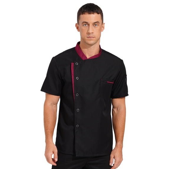 CHICTRY Mens Oblique Collar Chef Uniform Coat Short Sleeve Front Button Restaurant Kitchen Jacket Black XXL