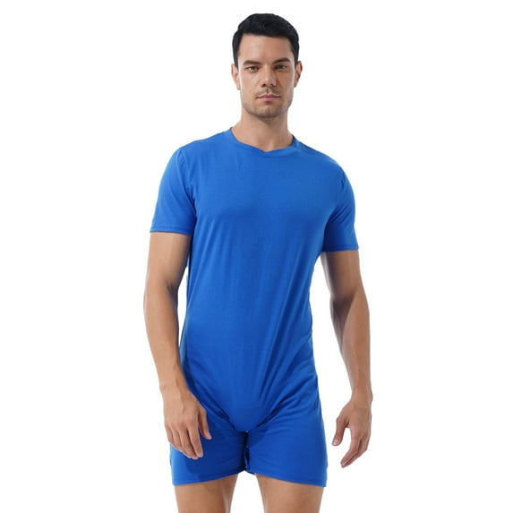 CHICTRY Mens One-Piece Short Sleeve Swimming Jumpsuit Front Zipper Press Button Crotch Boxer Rompers Bodysuit Blue XXL