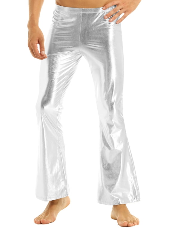 Mens Retro Disco Dance Pants Vintage Bell Bottom Flared Pants Trousers Stage Show Clubwear A Silver Small