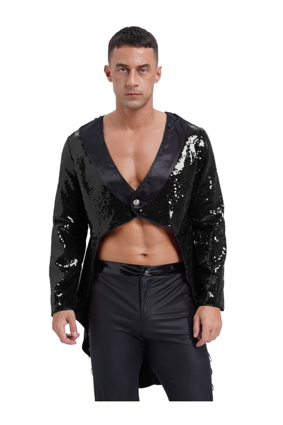 Mens Ringmaster Circus Show Dress-up Sequins Tuxedo Tailcoat Magician Blazer Jacket Black M