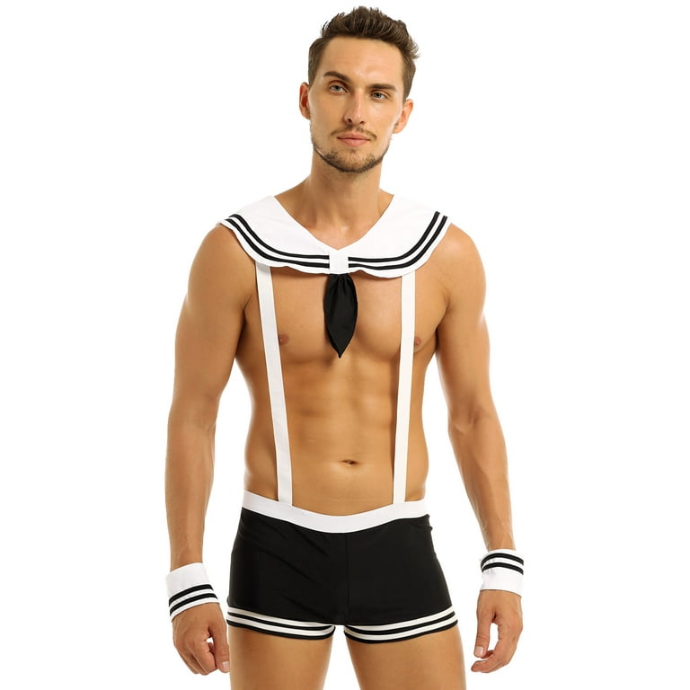 CHICTRY Mens Sailor Captain Cosplay Costume Outfit Suspender Swimsuit Thong Underwear Lingerie Set Black White XXL Walmart