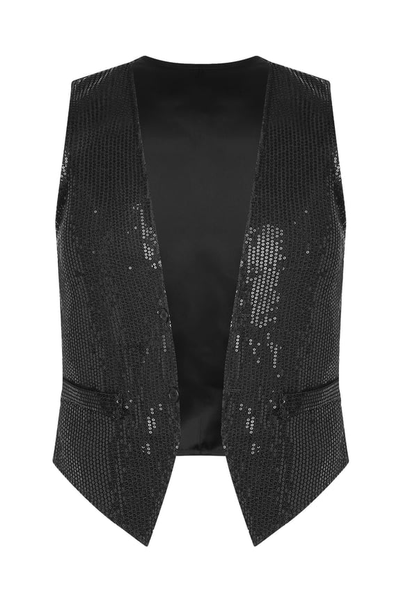 Mens Sequin Vest Shiny Party Sleeveless Waistcoat V-Neck Button Down Christmas Suit Vest Black M