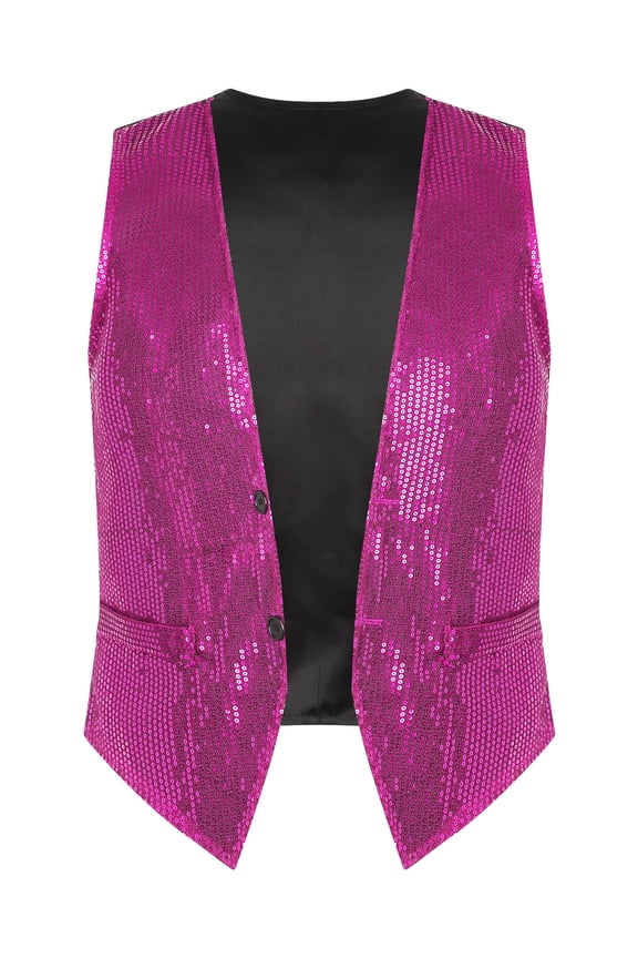 Mens Sequin Vest Shiny Party Sleeveless Waistcoat V-Neck Button Down Christmas Suit Vest Hot Pink M