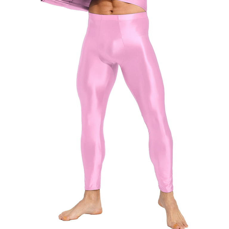 CHICTRY Mens Shiny Long Pants Slim Fit Leggings Running Yoga Exercise  Trousers Pink M