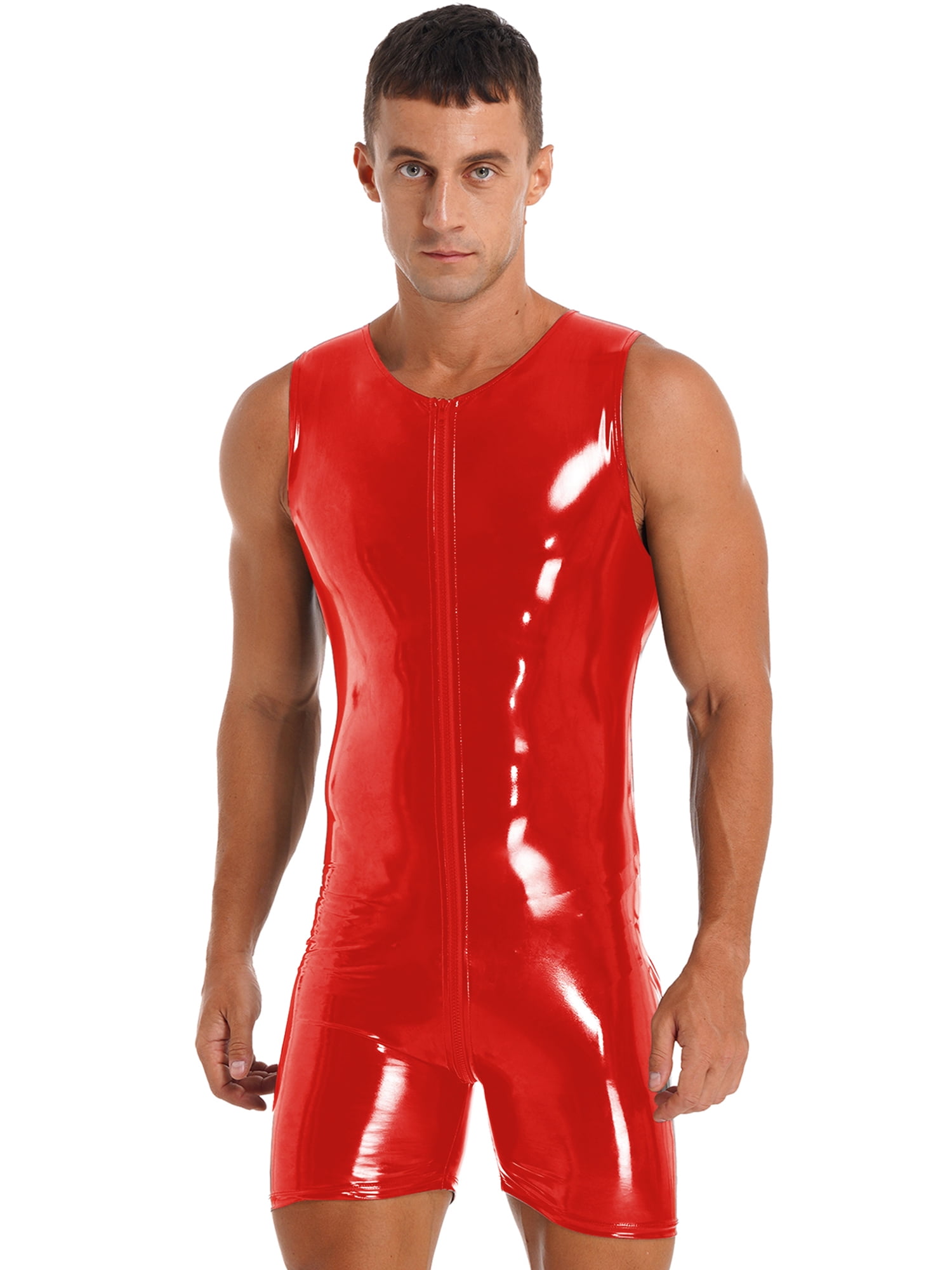 CHICTRY Mens Wet Look PVC Leather Jumpsuit Latex Zipper Sleeveless Bodysuit Romper Clubwear Red