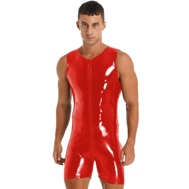 CHICTRY Mens Wet Look PVC Leather Jumpsuit Latex Zipper Sleeveless