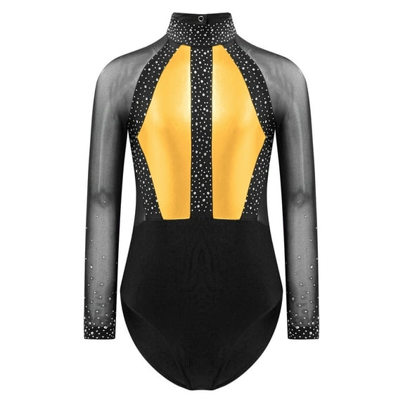 CHICTRY Shiny Gymnastics Leotard for Girls Rhinestone Mock Mesh Sleeve Ballet Unitard Top Gold 16