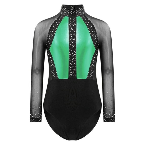 CHICTRY Shiny Gymnastics Leotard for Girls Rhinestone Mock Mesh Sleeve Ballet Unitard Top Green 8