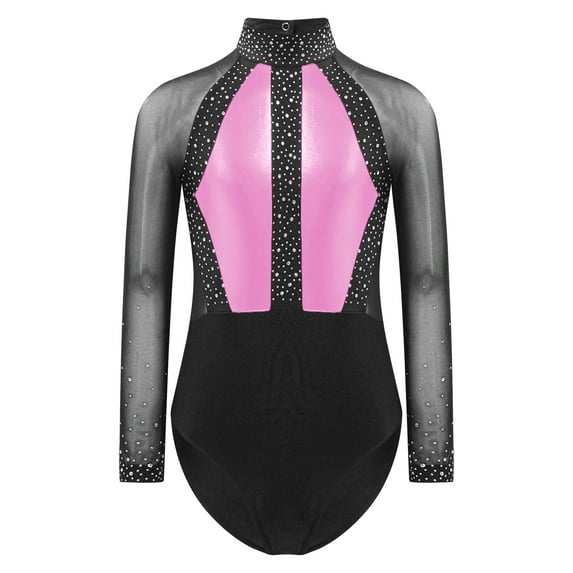 CHICTRY Shiny Gymnastics Leotard for Girls Rhinestone Mock Mesh Sleeve Ballet Unitard Top Pink 8