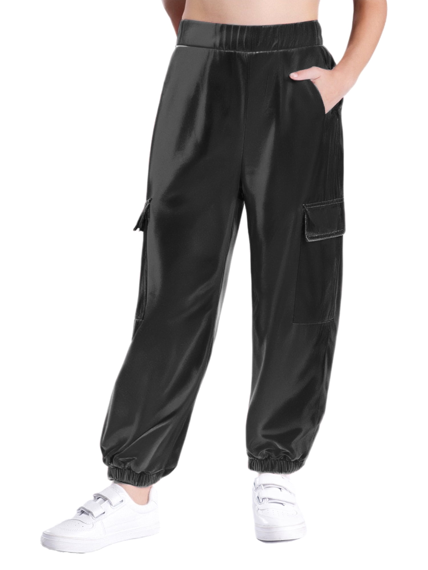 CHICTRY Shiny Holographic Cargo Pants Girls Boys Jazz Hip-Hop Street Dance Wear Trousers with Pockets Black 6