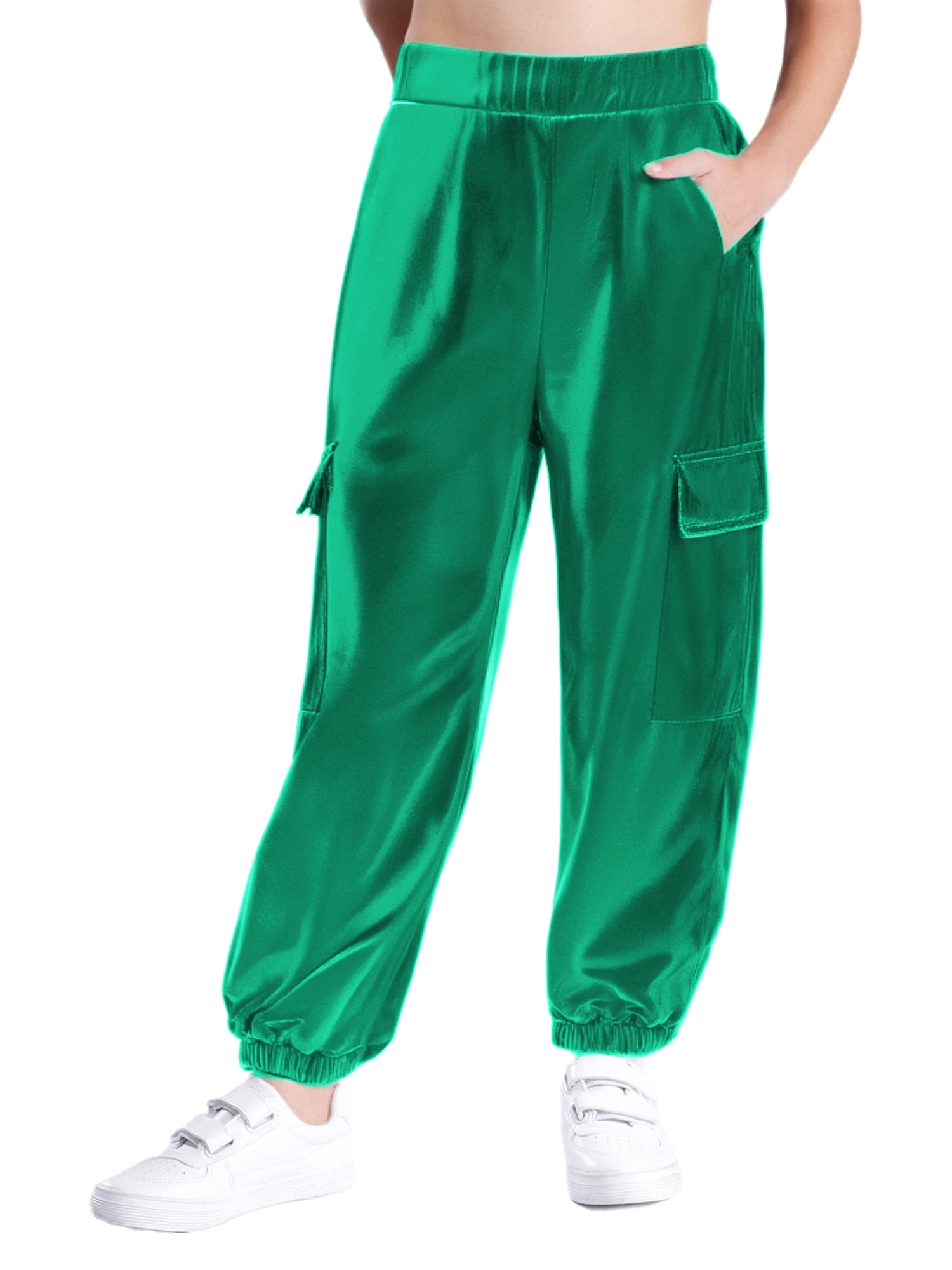 CHICTRY Shiny Holographic Cargo Pants Girls Boys Jazz Hip-Hop Street Dance Wear Trousers with Pockets Green 14