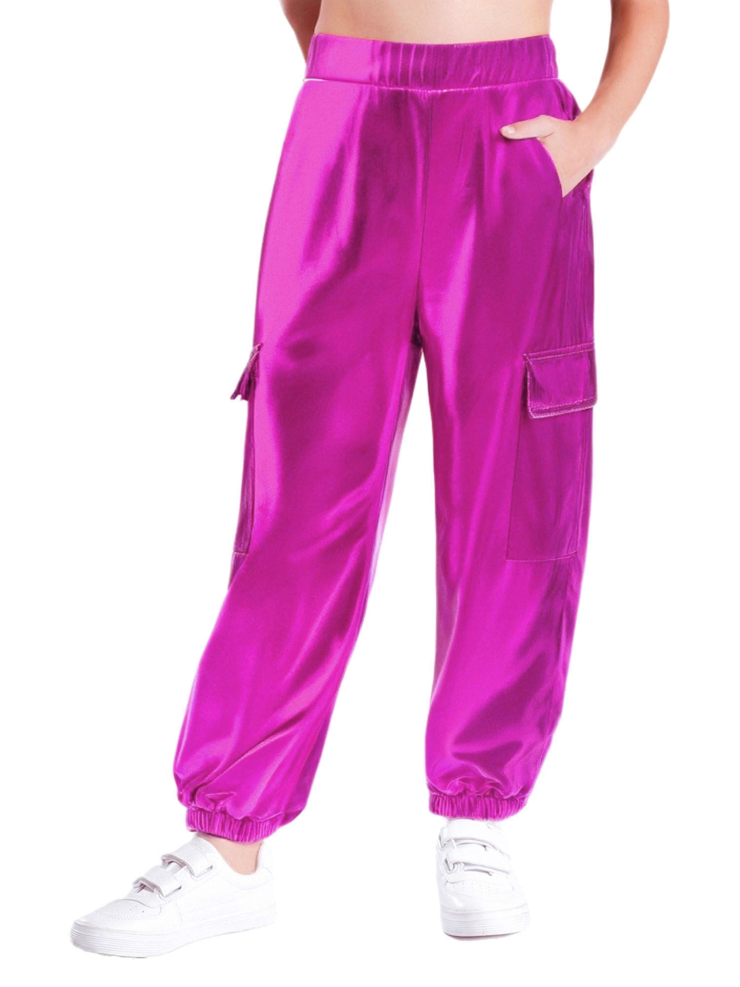 CHICTRY Shiny Holographic Cargo Pants Girls Boys Jazz Hip-Hop Street Dance Wear Trousers with Pockets Hot Pink 12