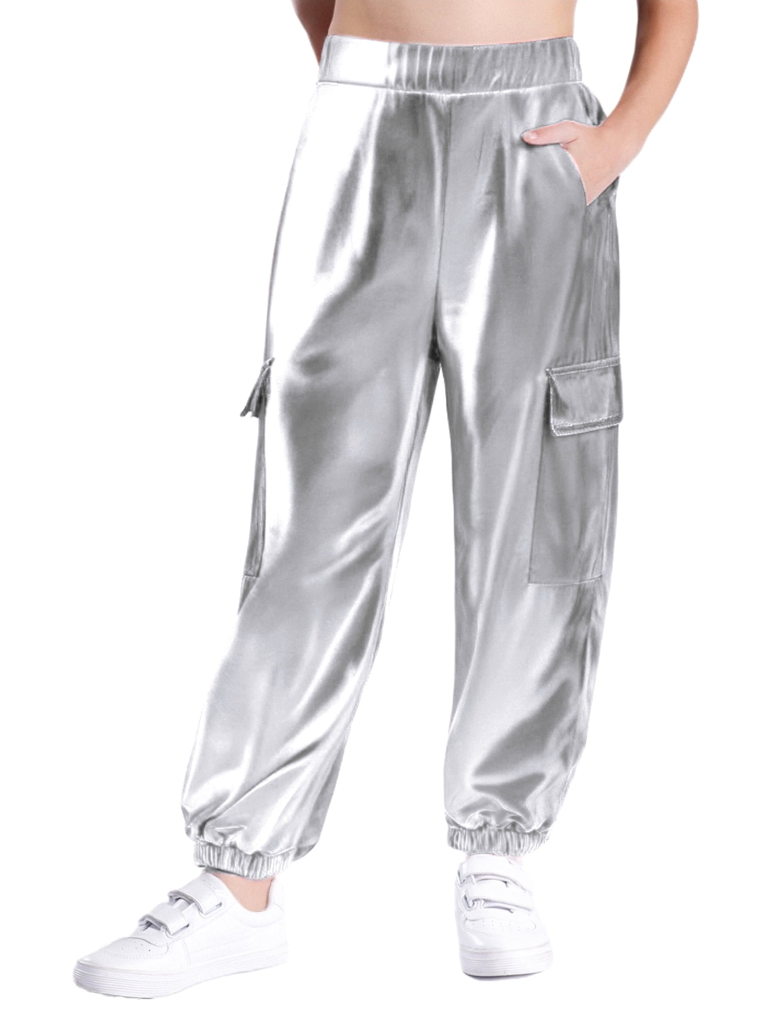 CHICTRY Shiny Holographic Cargo Pants Girls Boys Jazz Hip-Hop Street Dance Wear Trousers with Pockets Silver 10