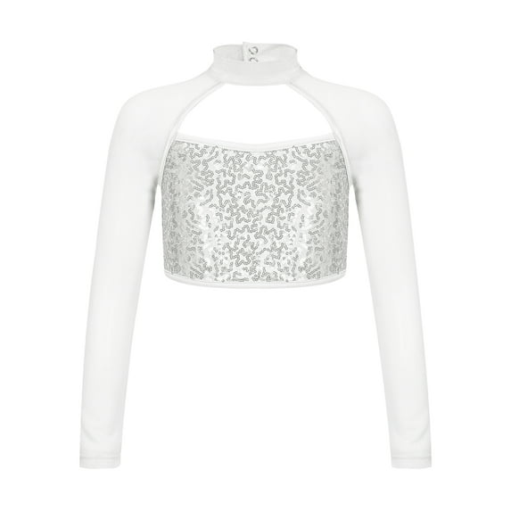CHICTRY Shiny Sequins Crop Top for Girls Long Sleeve Ballet Modern Dance Tops Costume Silver 12